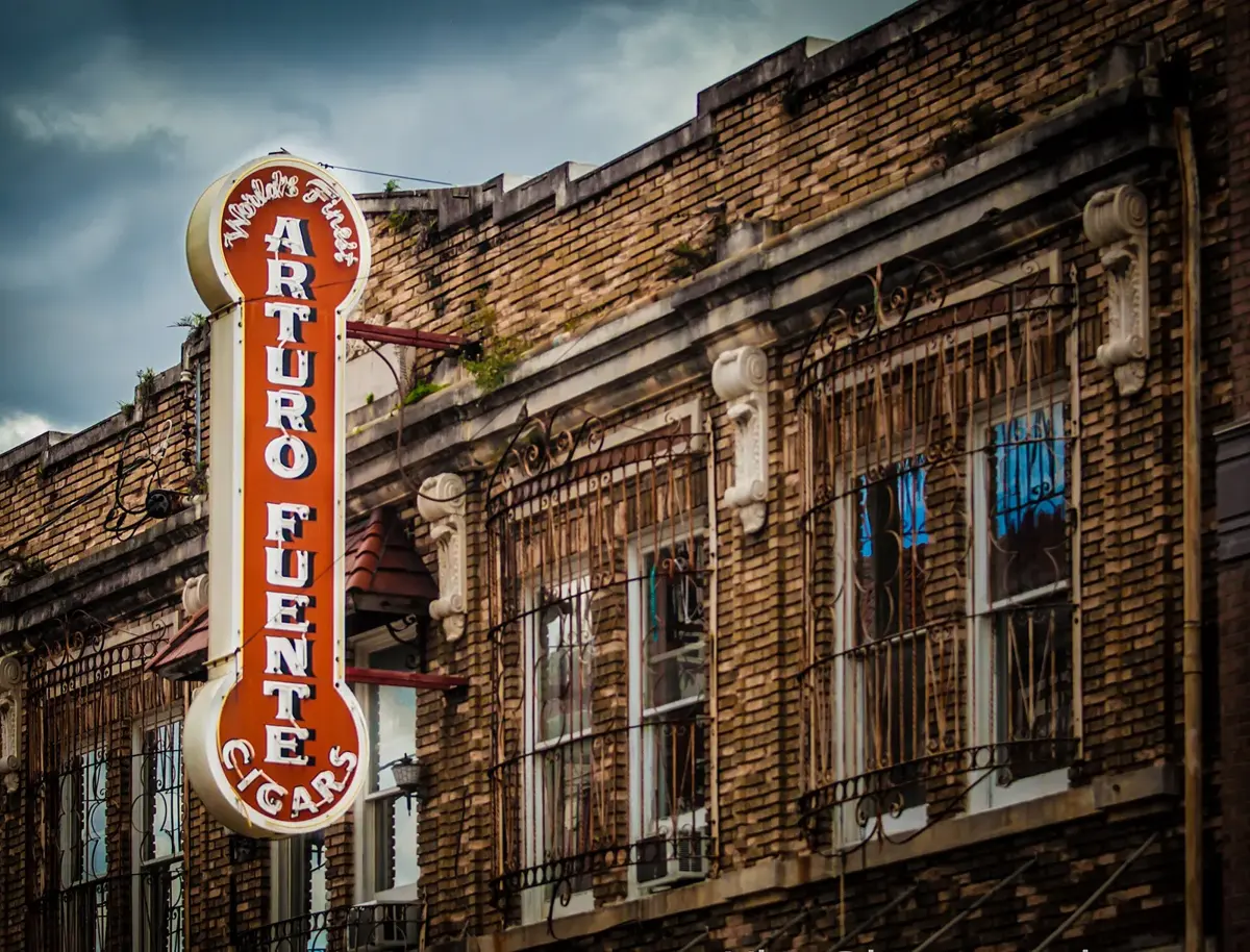 The vertical Arturo Fuente sign on a brick building on 7th Avenue in Ybor City, Tampa