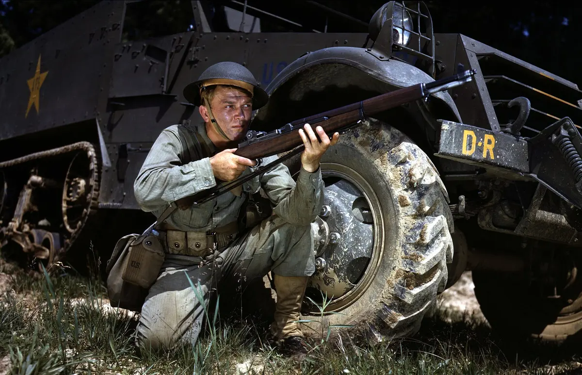 U.S. infantryman with an M1 Garand at Fort Knox, Kentucky, 1942