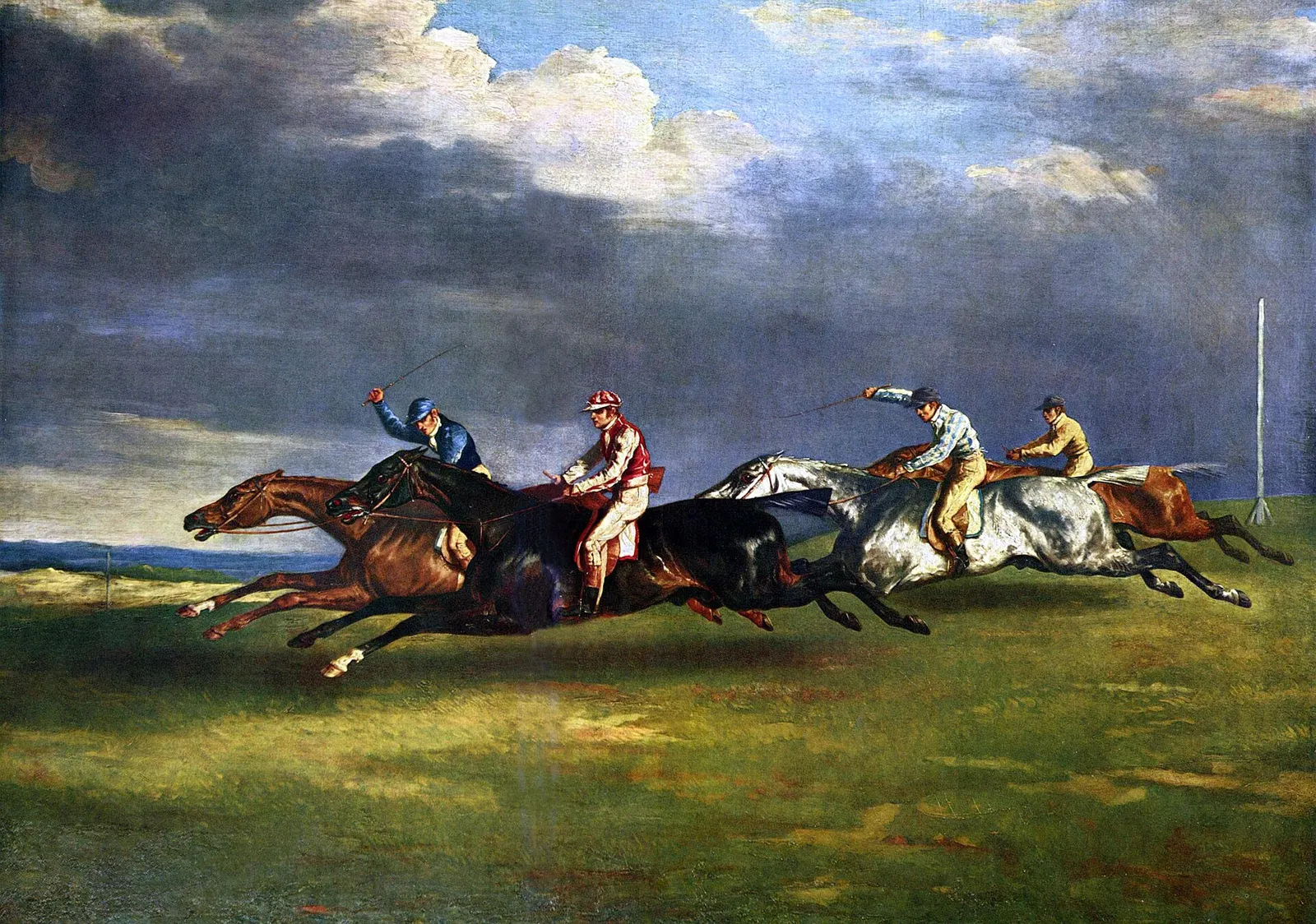 The Derby at Epsom, an 1821 painting by Théodore Géricault showing four racehorses at full stretch