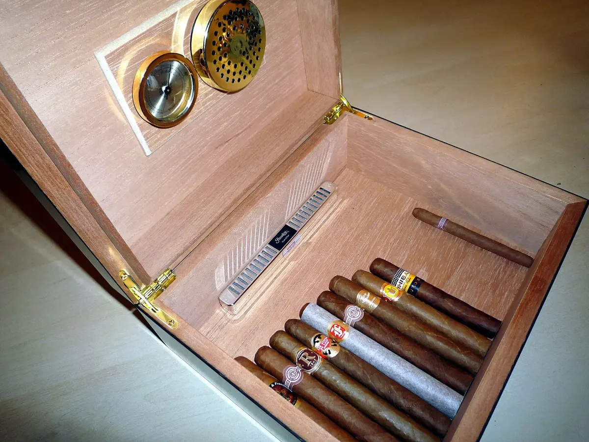 Cigars resting inside a wooden humidor