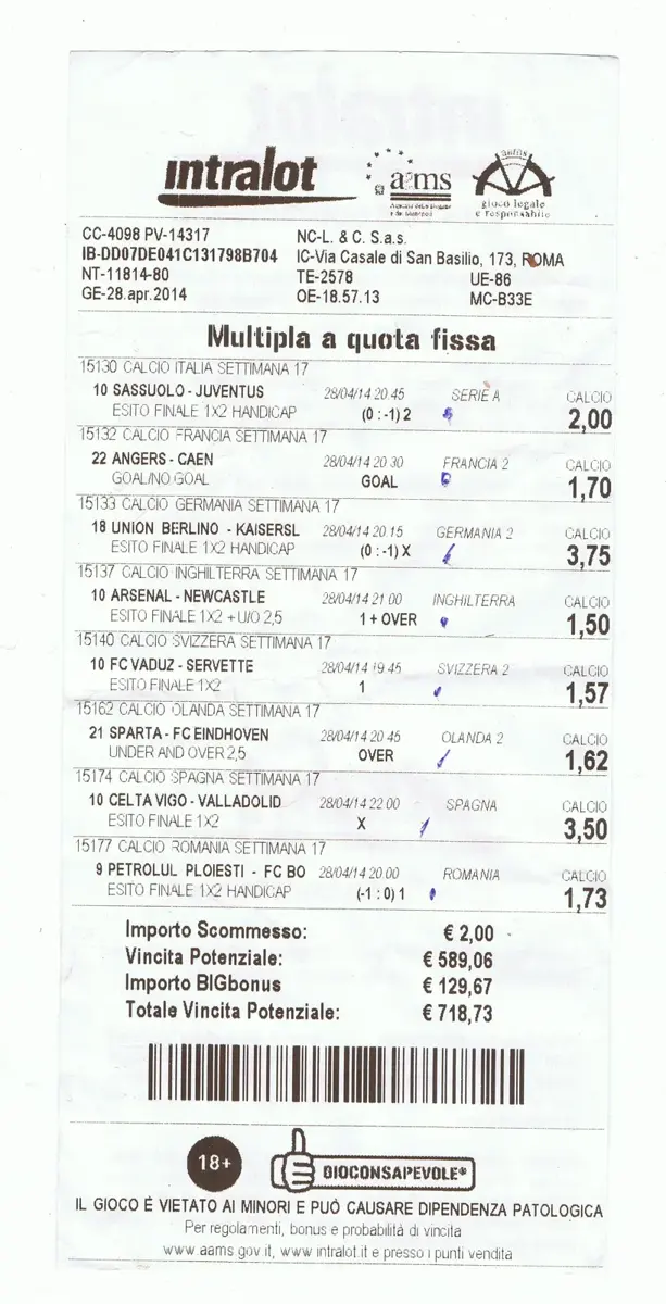 Printed sports betting tickets showing multiple selections